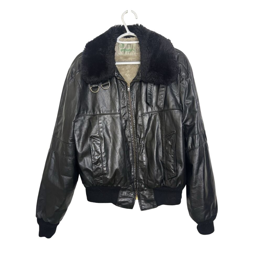 Vtg Gino Leathers Black Leather Bomber Jacket Men’s 42 Faux Shearling Collar USA